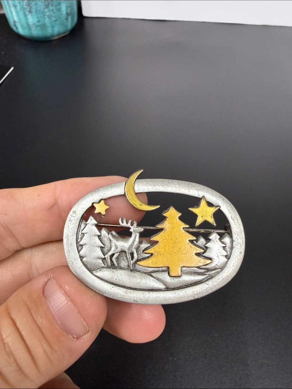 JJ Jonette Winter Wonderland Brooch Pin Pewter Gold Accents Nature